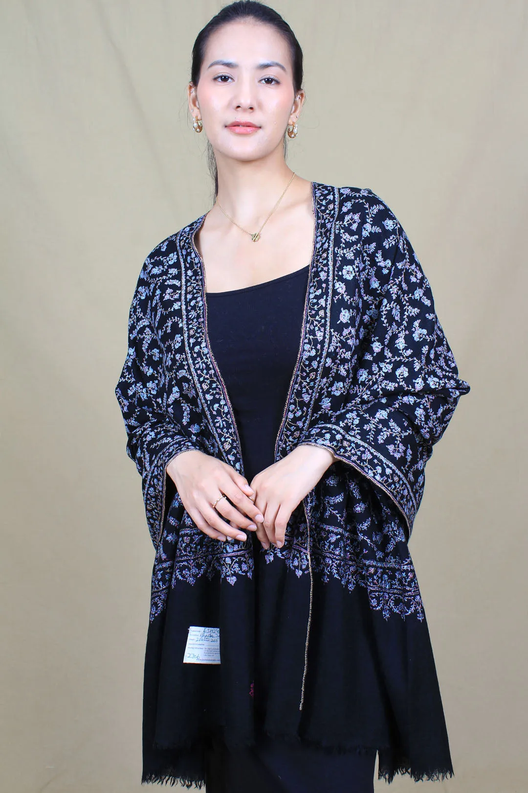 Hidayah Black Sozni Jaali Pashmina Embroidered Pashmina shawl