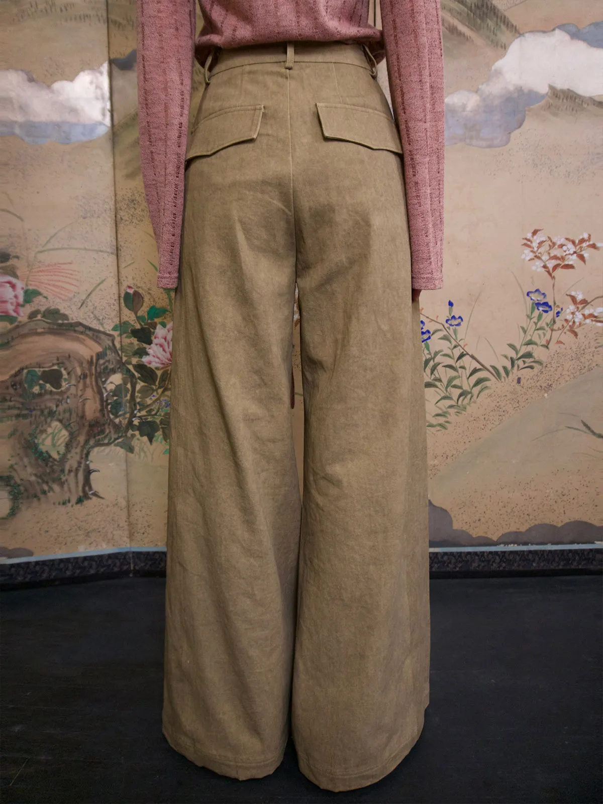 High-Waist Natural Loose Plain Wide-Pants