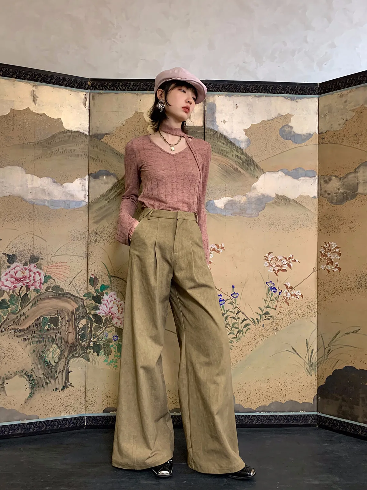 High-Waist Natural Loose Plain Wide-Pants