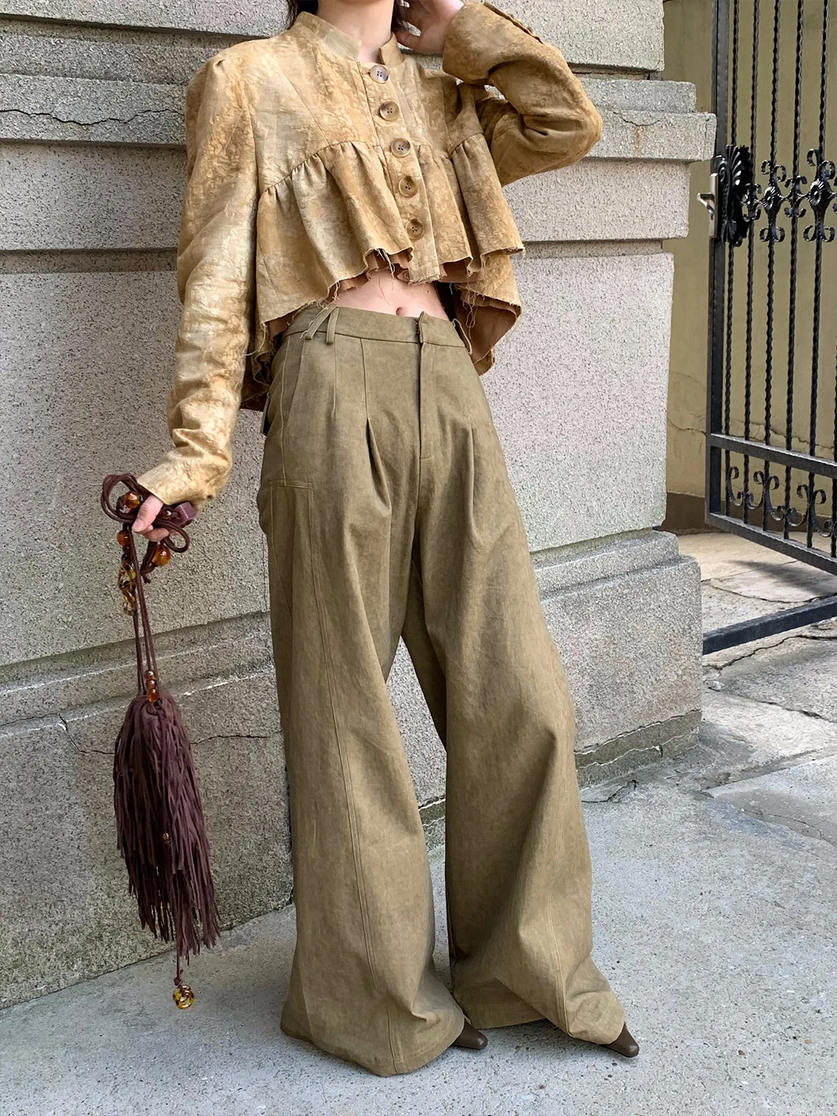 High-Waist Natural Loose Plain Wide-Pants