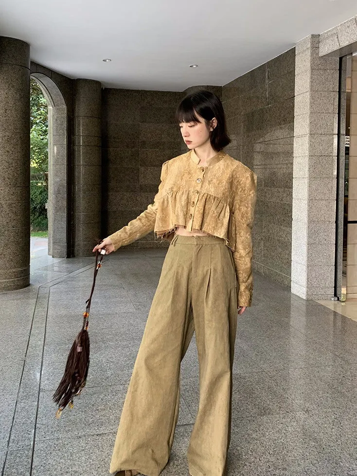 High-Waist Natural Loose Plain Wide-Pants