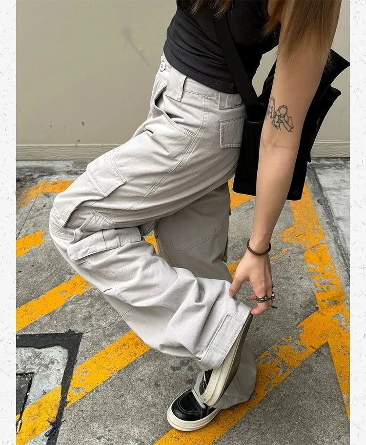 High Waist Plain Wide Leg Cargo Pants