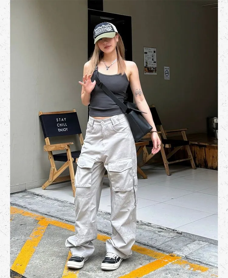 High Waist Plain Wide Leg Cargo Pants