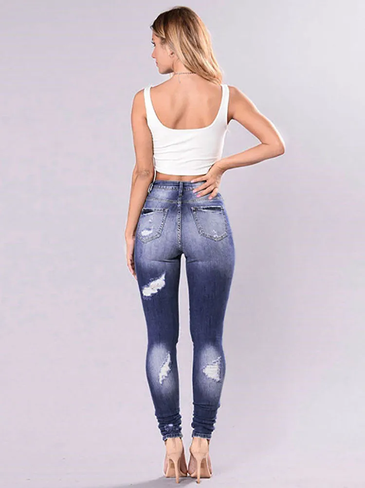 High Waist Ripped Denim Long Pants