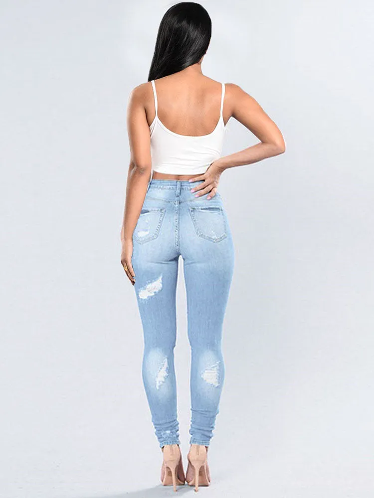 High Waist Ripped Denim Long Pants