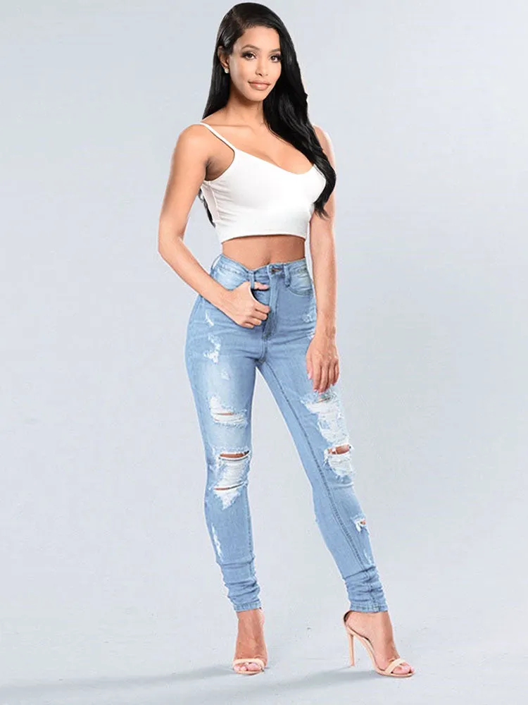 High Waist Ripped Denim Long Pants