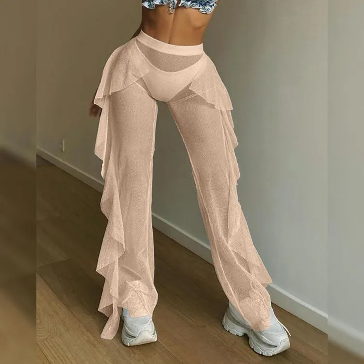 High Waist Sheer Mesh Ruffles Cover Up Pants