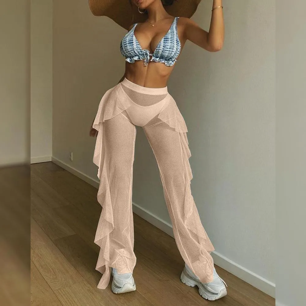 High Waist Sheer Mesh Ruffles Cover Up Pants