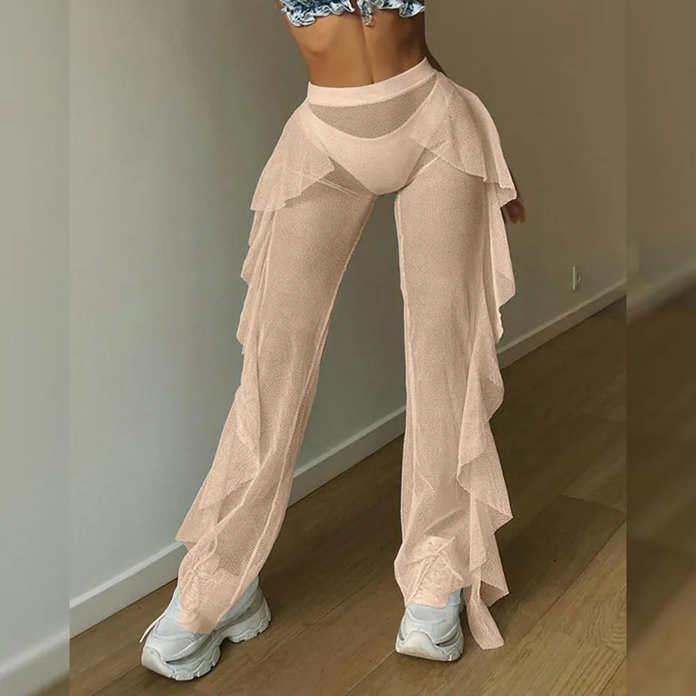 High Waist Sheer Mesh Ruffles Cover Up Pants