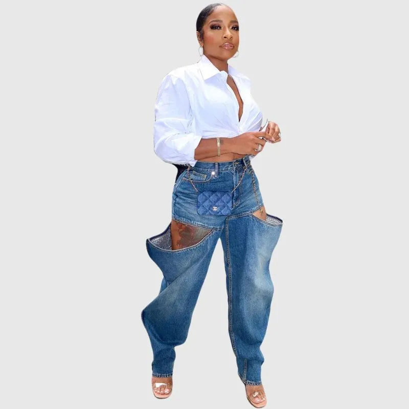 Hollow Out Wide Leg High Waist Jeans