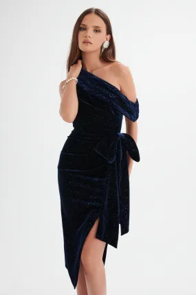 HONEY Glitter Velvet Asymmetric Pleated Bow Midi Dress in Midnight Blue