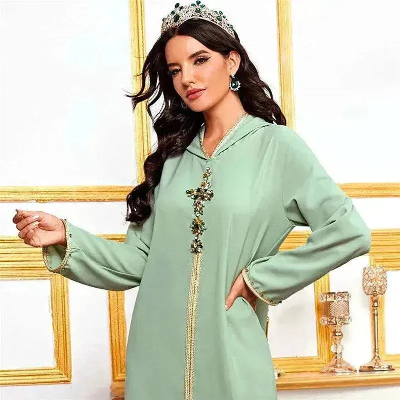 Hooded Avocado Green Dress Turkey Moroccan Seam Drill Robe Travel Dress