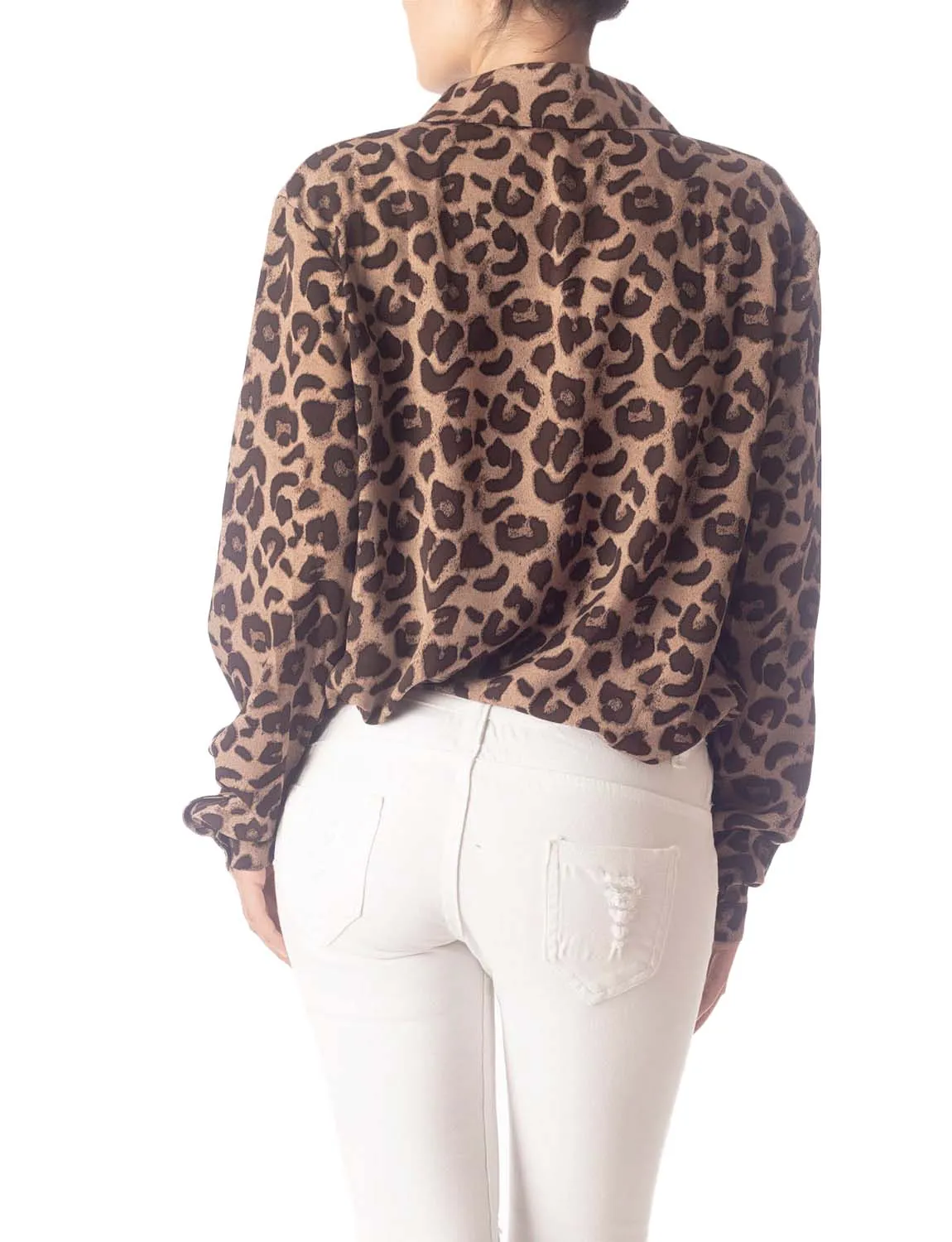 iB-iP Women's Leopard Patterned Opaque Casual Button Long Sleeve Shirt