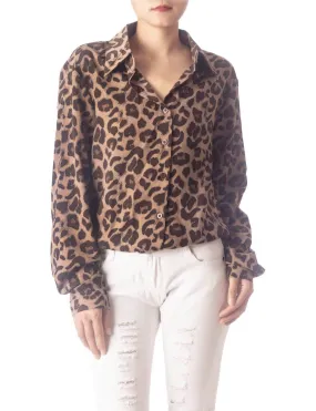 iB-iP Women's Leopard Patterned Opaque Casual Button Long Sleeve Shirt