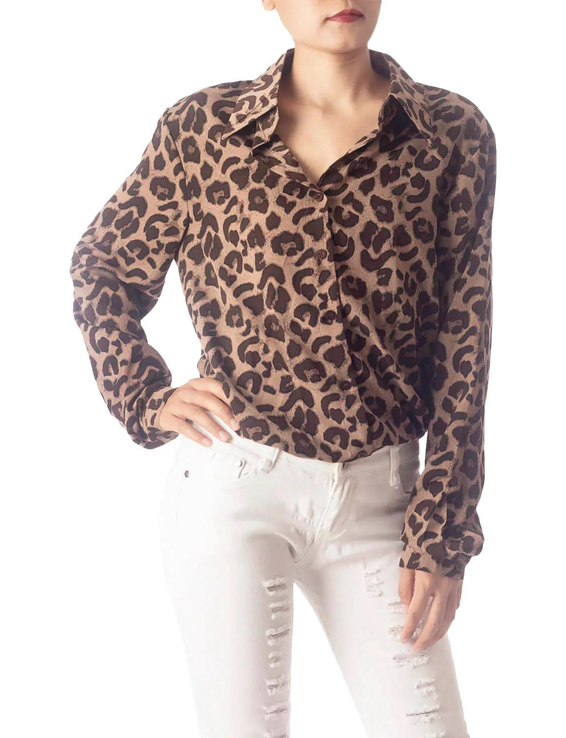 iB-iP Women's Leopard Patterned Opaque Casual Button Long Sleeve Shirt