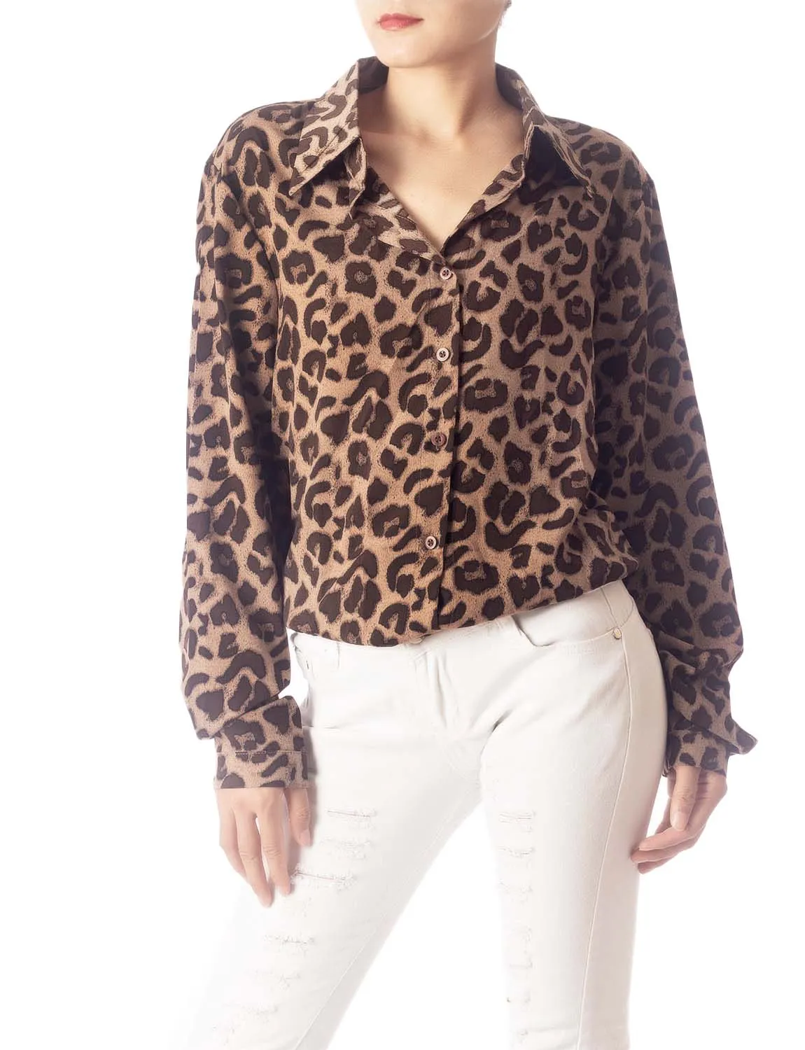 iB-iP Women's Leopard Patterned Opaque Casual Button Long Sleeve Shirt