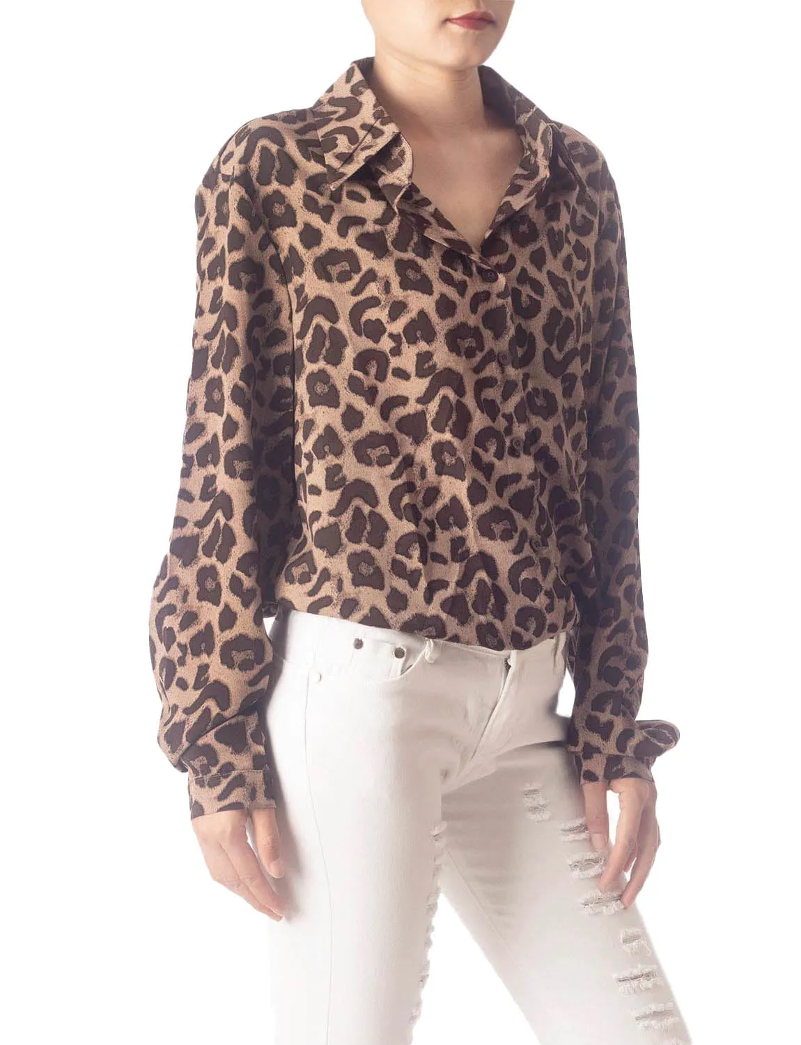 iB-iP Women's Leopard Patterned Opaque Casual Button Long Sleeve Shirt