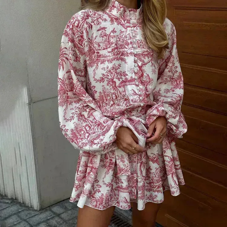 Ink Print Long Sleeve Floral Short Mini Skater Dress With Fashion Puffy Sleeve Lapel Tie A-Line Dress Clothing