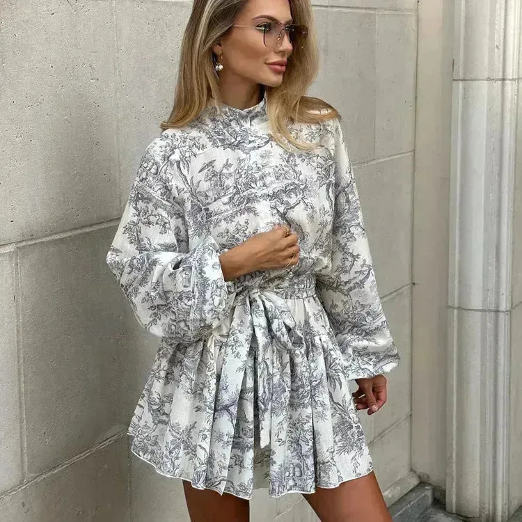 Ink Print Long Sleeve Floral Short Mini Skater Dress With Fashion Puffy Sleeve Lapel Tie A-Line Dress Clothing