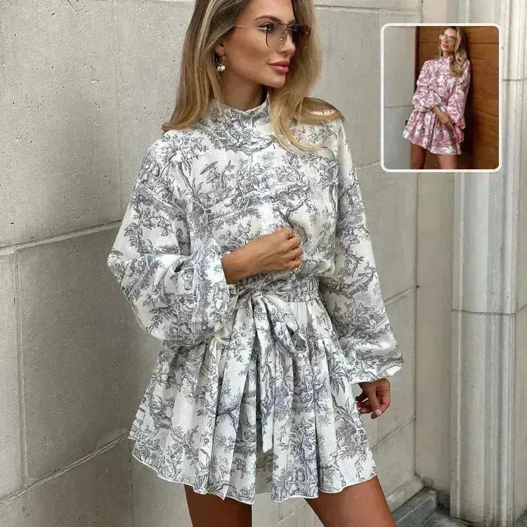 Ink Print Long Sleeve Floral Short Mini Skater Dress With Fashion Puffy Sleeve Lapel Tie A-Line Dress Clothing