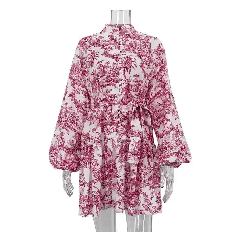 Ink Print Long Sleeve Floral Short Mini Skater Dress With Fashion Puffy Sleeve Lapel Tie A-Line Dress Clothing