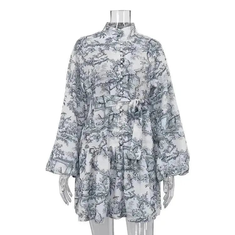 Ink Print Long Sleeve Floral Short Mini Skater Dress With Fashion Puffy Sleeve Lapel Tie A-Line Dress Clothing