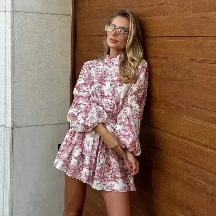 Ink Print Long Sleeve Floral Short Mini Skater Dress With Fashion Puffy Sleeve Lapel Tie A-Line Dress Clothing