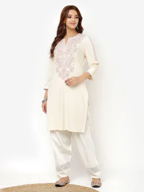 Ivory Straight Kurta for Women with Threadwork