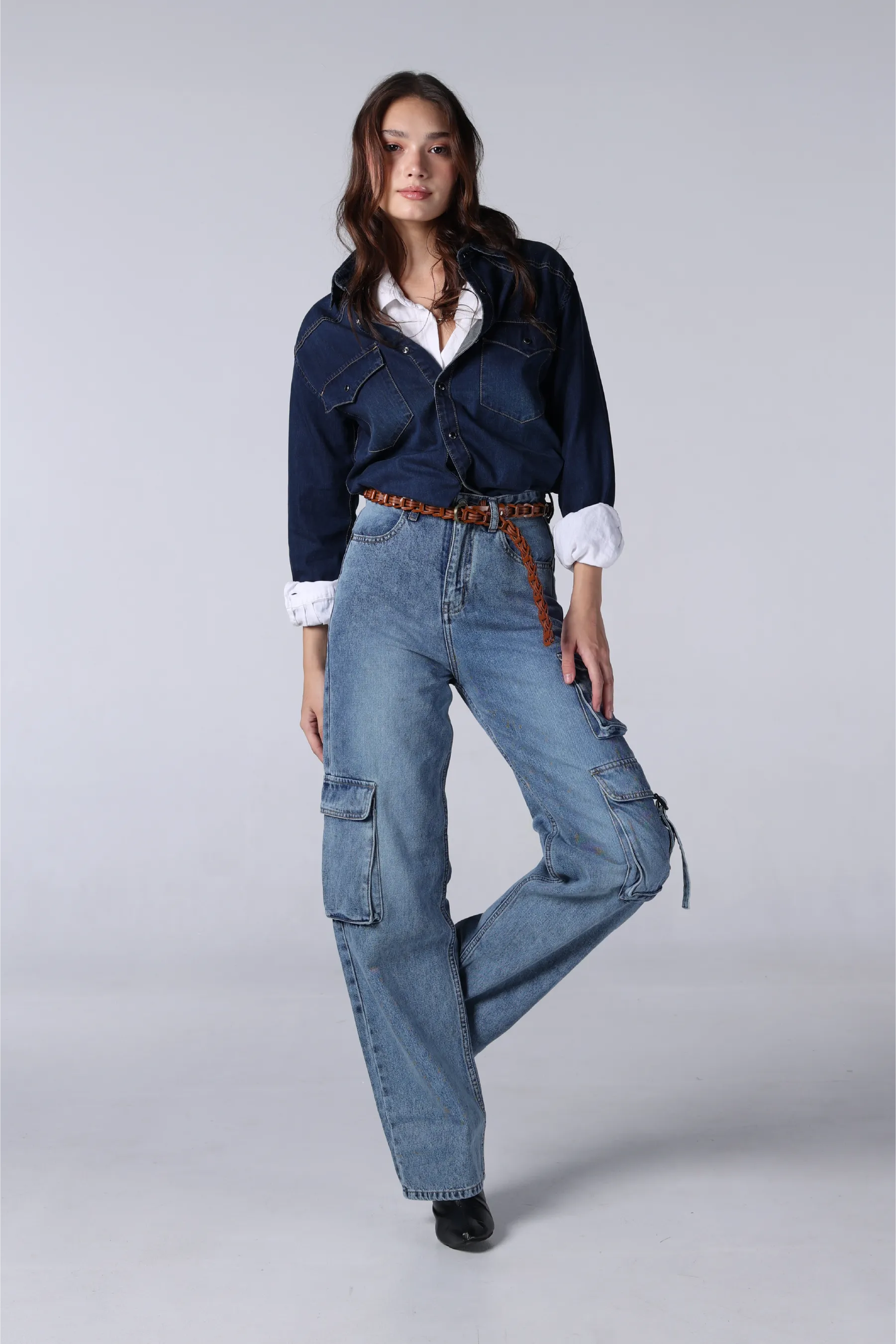 Jack Russel - Women Cargo Jeans - Handwerk JF-151 Straight Fit Nevada Mid Blue High Waisted