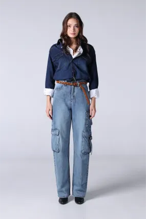 Jack Russel - Women Cargo Jeans - Handwerk JF-151 Straight Fit Nevada Mid Blue High Waisted