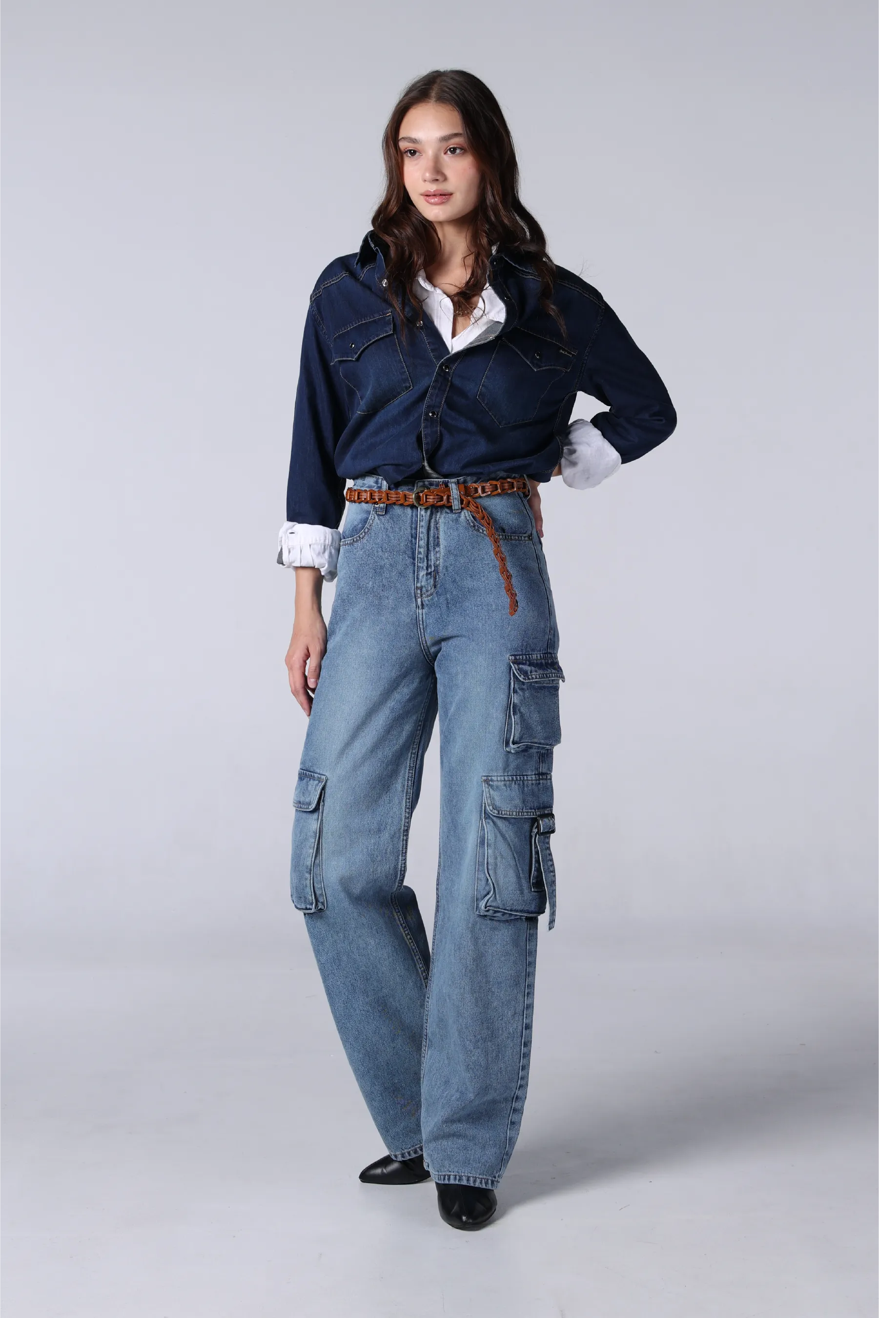 Jack Russel - Women Cargo Jeans - Handwerk JF-151 Straight Fit Nevada Mid Blue High Waisted