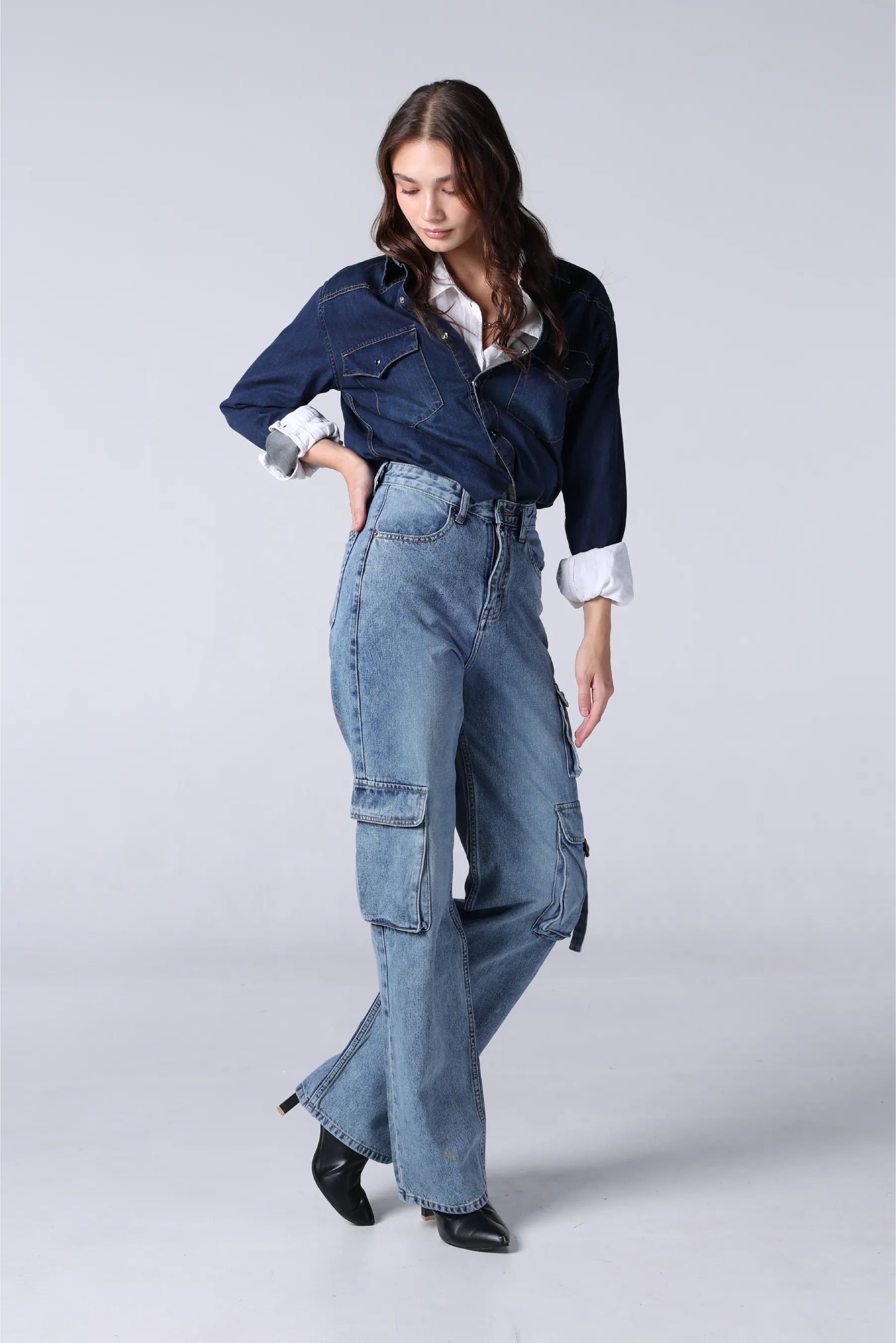 Jack Russel - Women Cargo Jeans - Handwerk JF-151 Straight Fit Nevada Mid Blue High Waisted