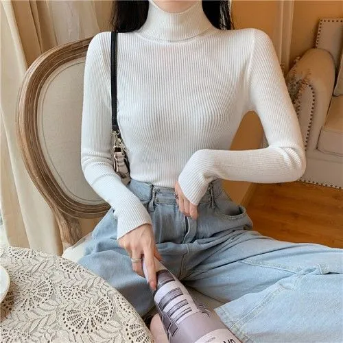 Joskaa Women's Sweaters Autumn Winter Turtleneck Long Sleeve Casual Knitted Jumper Fashion Slim Elasticity Pullover Sweater Female 2024