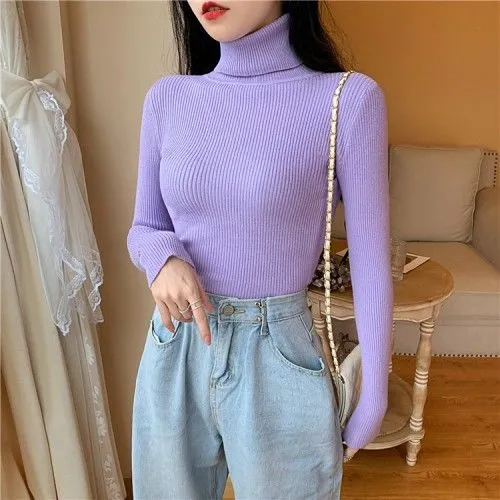 Joskaa Women's Sweaters Autumn Winter Turtleneck Long Sleeve Casual Knitted Jumper Fashion Slim Elasticity Pullover Sweater Female 2024