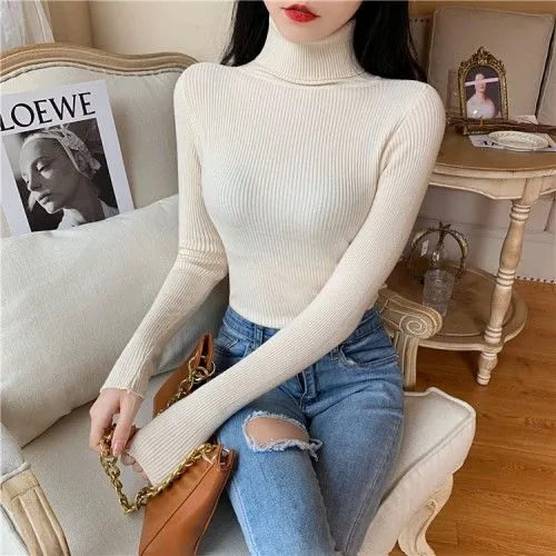 Joskaa Women's Sweaters Autumn Winter Turtleneck Long Sleeve Casual Knitted Jumper Fashion Slim Elasticity Pullover Sweater Female 2024