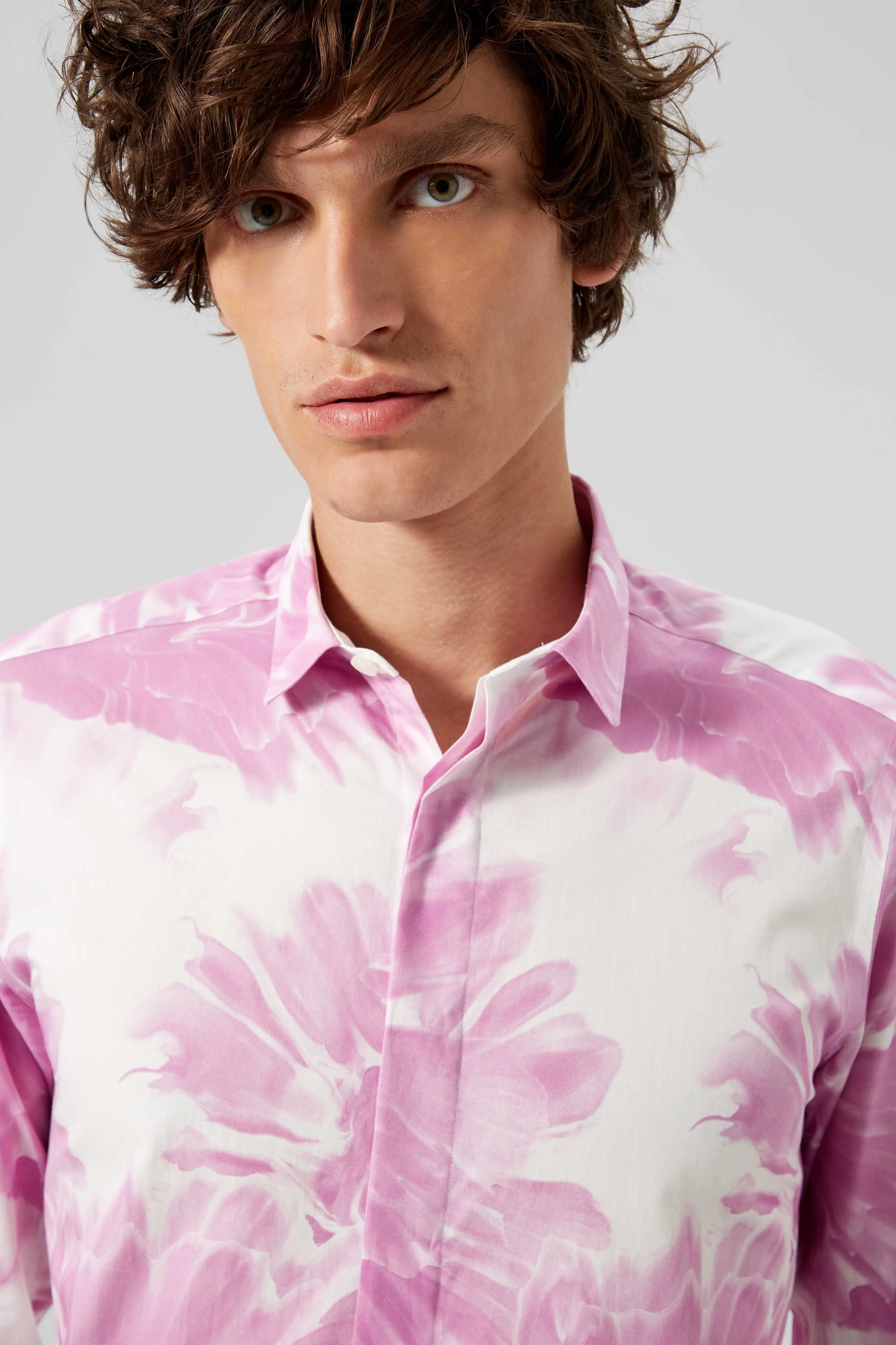 Judd Skinny Fit Pink Floral Cotton Shirt - ARCHIVE