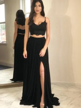 Lace Top Two Piece Black Prom Dress with Slit | Evening Gowns with Slits