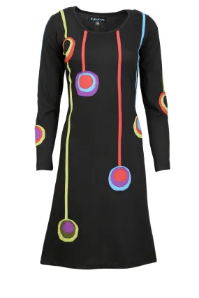 ladies-long-sleeved-dress-with-colorful-circle-and-patch-design