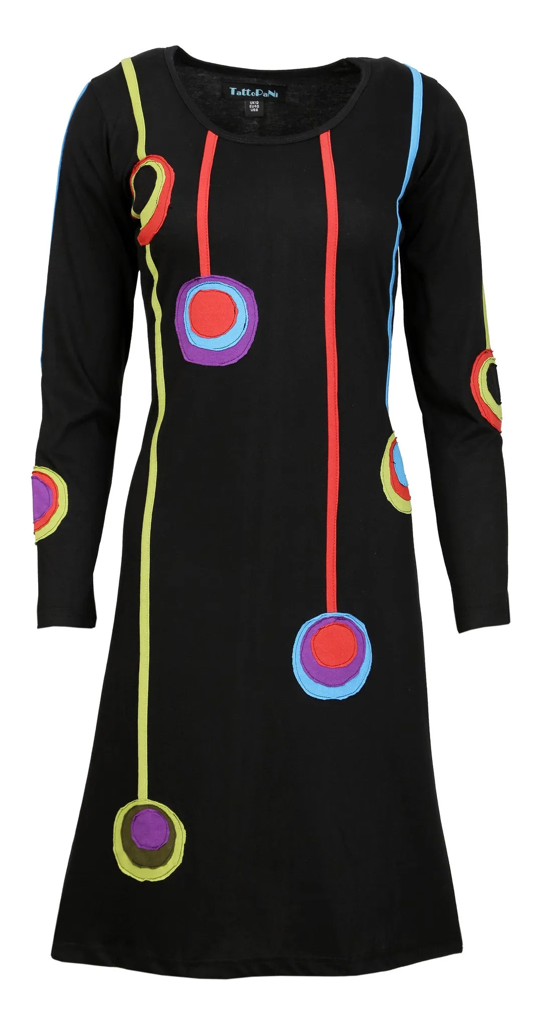 ladies-long-sleeved-dress-with-colorful-circle-and-patch-design