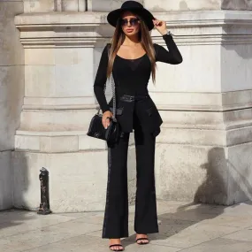 Layered Belted High Waist Straight Leg Tailored Pants - Black