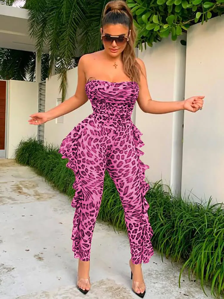 Leopard Mesh Off Shoulder Ruffle Long Jumpsuit