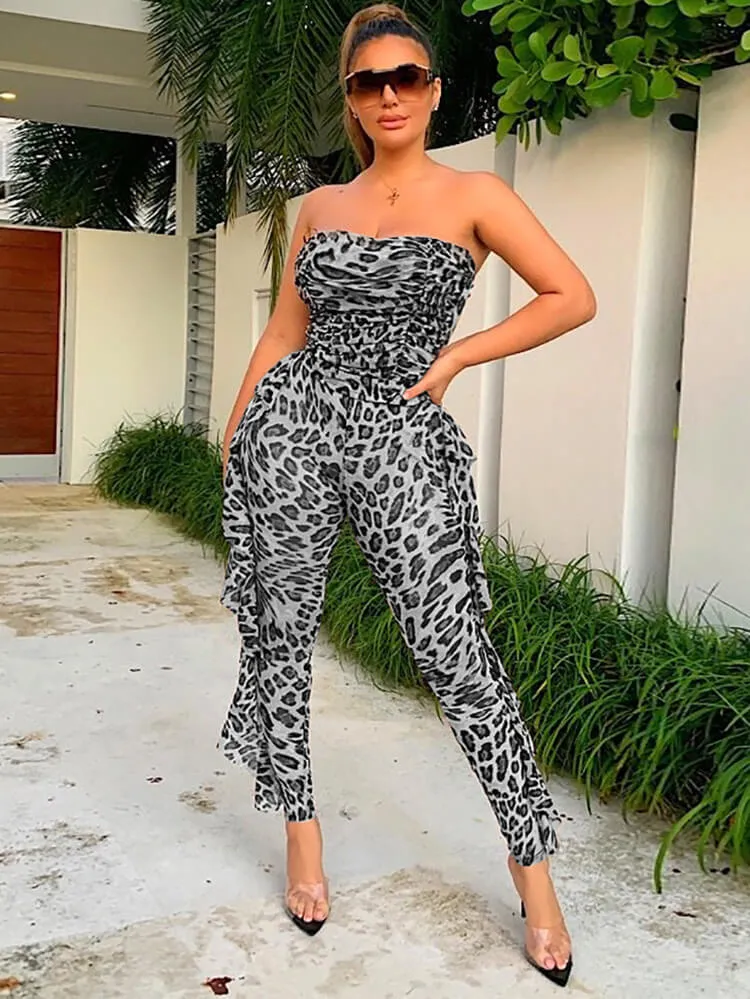 Leopard Mesh Off Shoulder Ruffle Long Jumpsuit