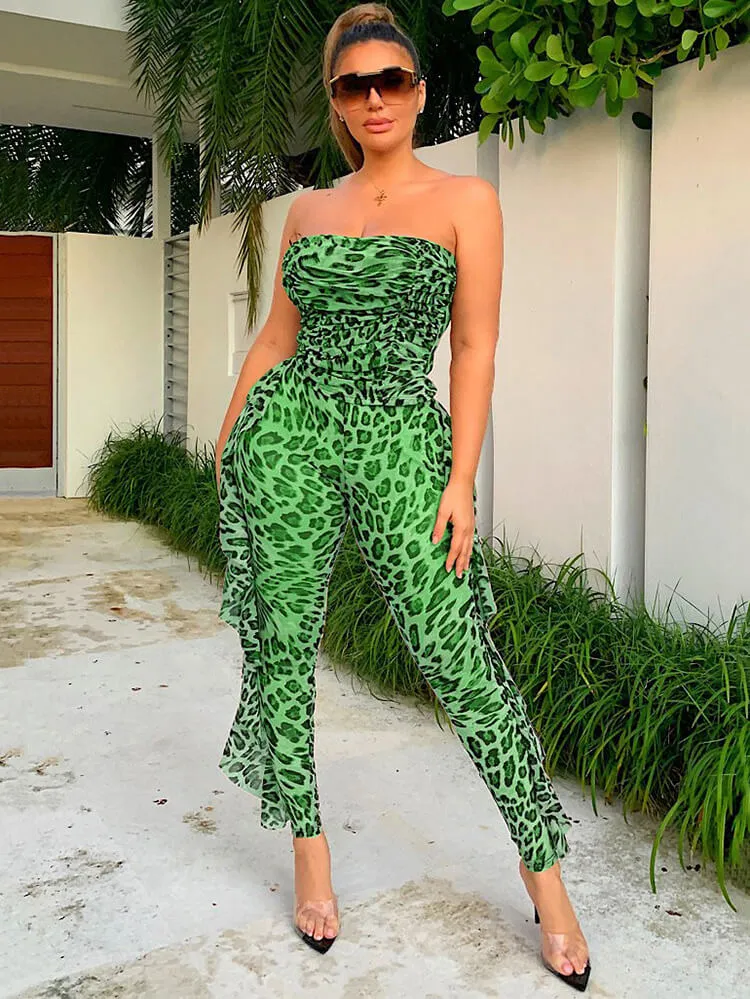 Leopard Mesh Off Shoulder Ruffle Long Jumpsuit