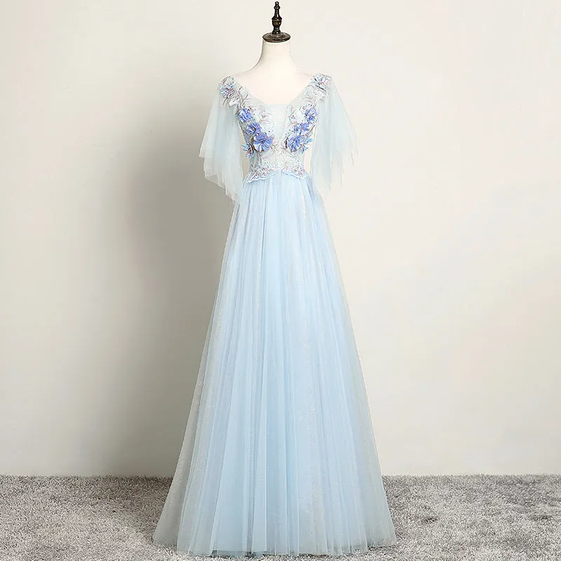 Light Blue Flower Lace V-neckline Puffy Sleeves Long Party Dress, Blue Prom Dress Evening Dress