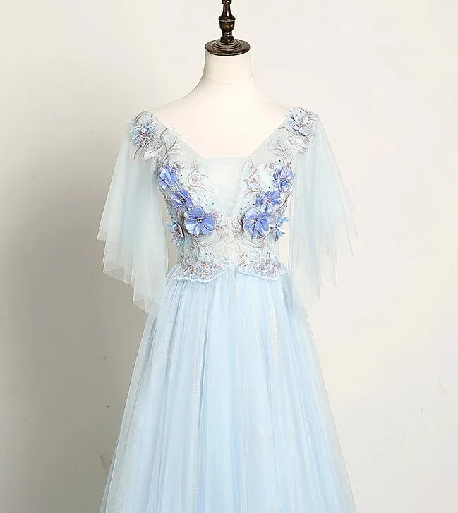 Light Blue Flower Lace V-neckline Puffy Sleeves Long Party Dress, Blue Prom Dress Evening Dress