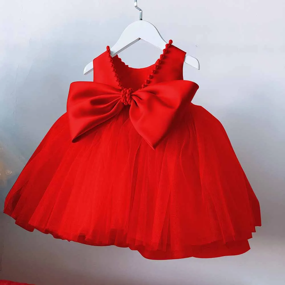 Little Grils Birthday Party Dress With Bows Kid Flower Girl Dresses With Imitation Pearls