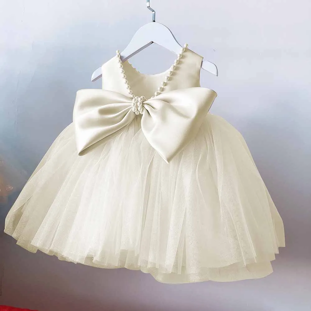 Little Grils Birthday Party Dress With Bows Kid Flower Girl Dresses With Imitation Pearls