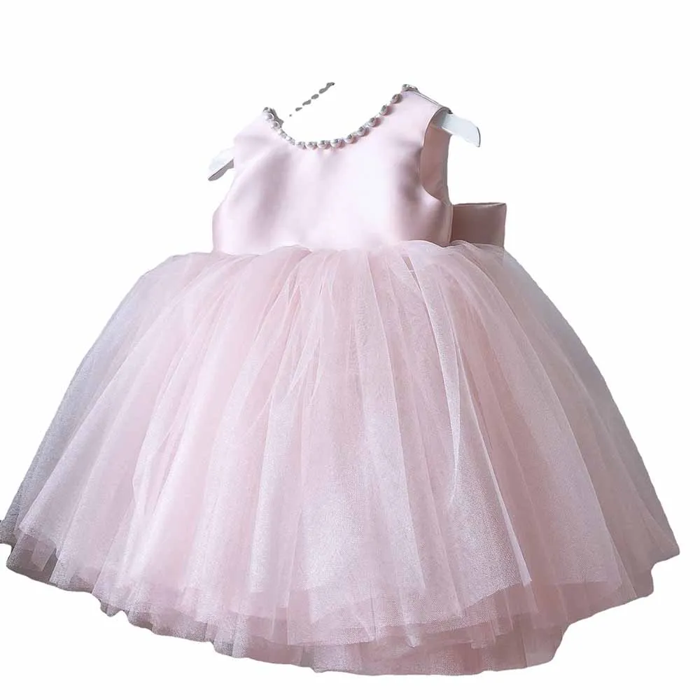 Little Grils Birthday Party Dress With Bows Kid Flower Girl Dresses With Imitation Pearls