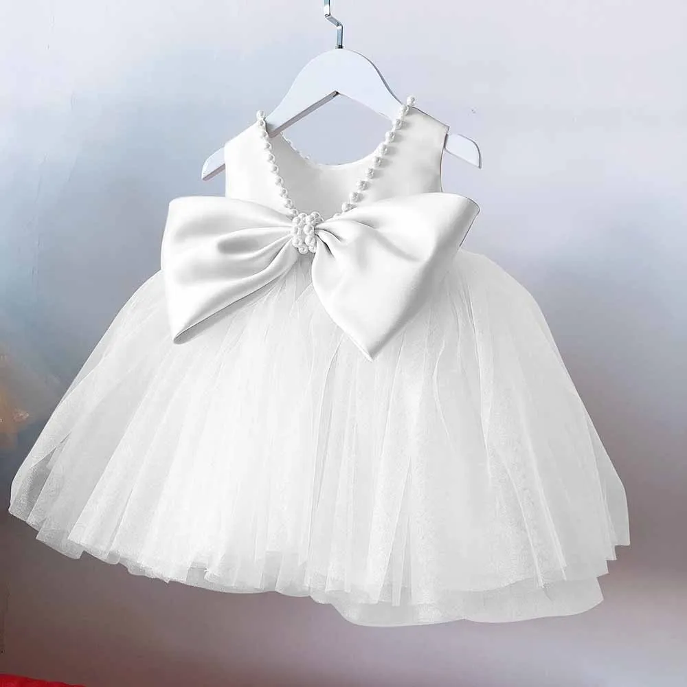 Little Grils Birthday Party Dress With Bows Kid Flower Girl Dresses With Imitation Pearls