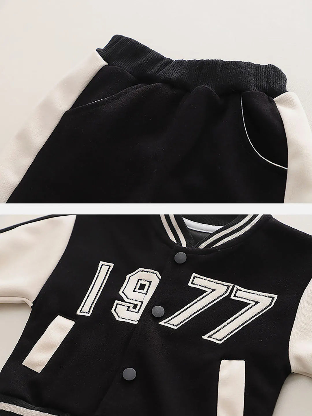 Little Surprise Box Black & White 1977 Designed 3 Pcs Varsity Jacket Styled Track Suit Set For Toddlers And Kids